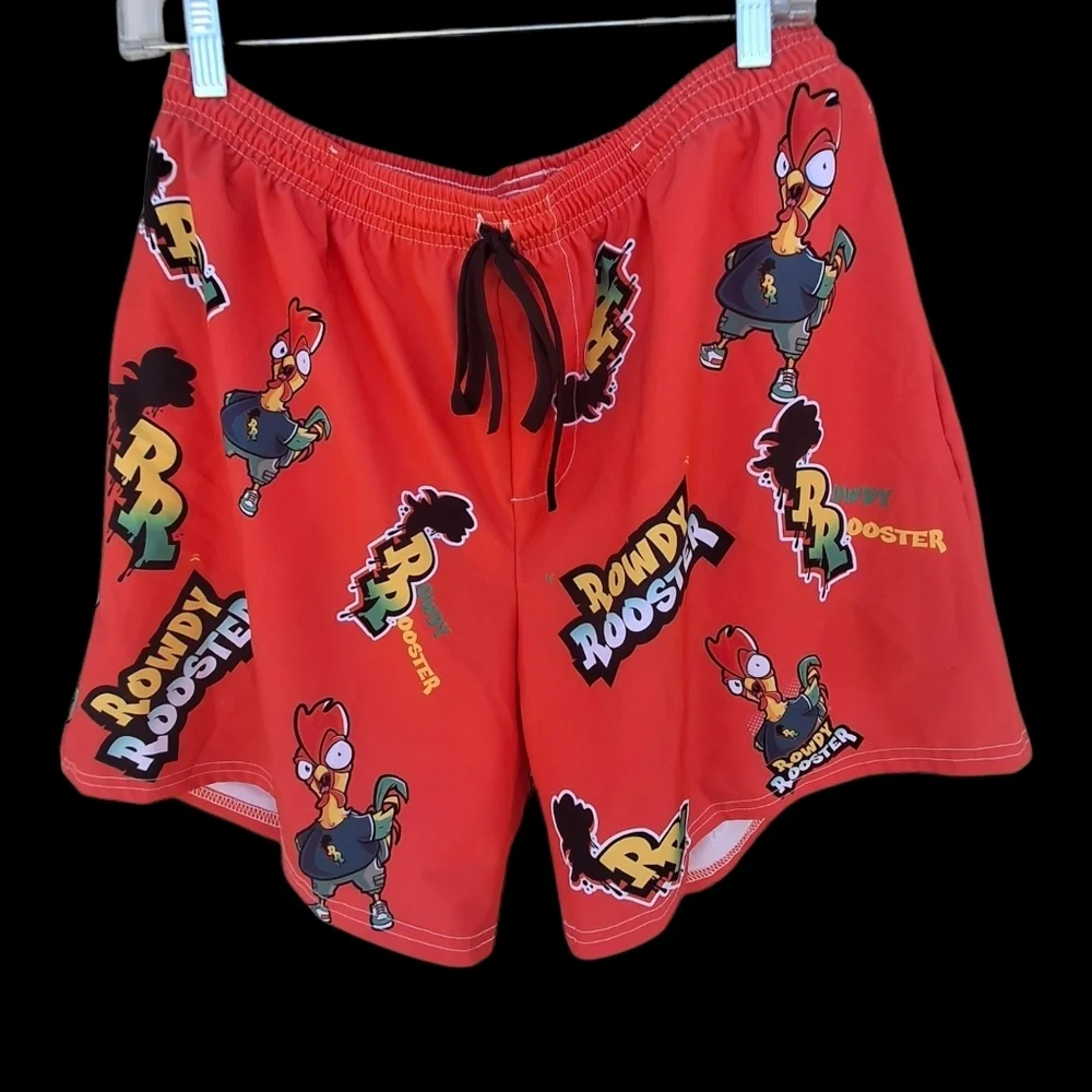 Rowdy Rooster Get Your Swim On All-Over Print Red Swim Trunks Men Size XL / 36